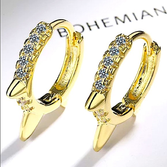 18K GOLD PLATED SPIKED ZIRCON HOOP EARRINGS - Picture 2 of 4